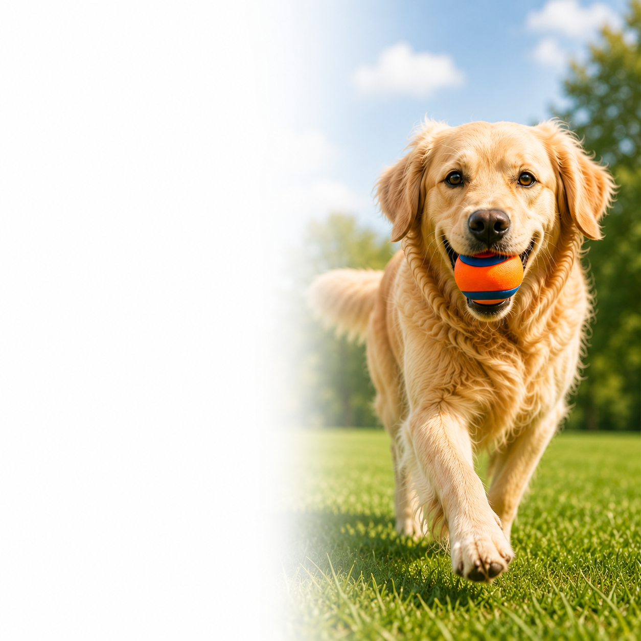 En hund med en hundboll i munnen