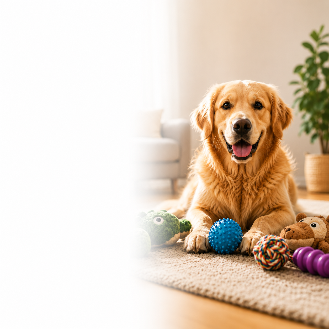 En hund med många hundleksaker framför sig