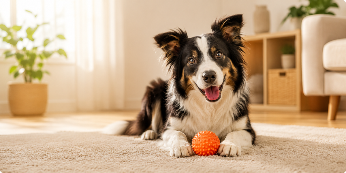 En hund liggandes på en matta med en boll framför sig.