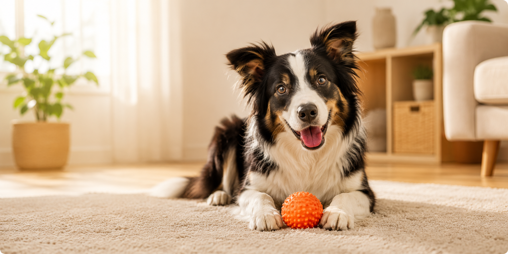 En hund liggandes på en matta med en boll framför sig.
