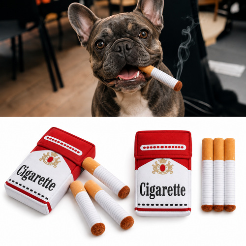 en bild på en hund med en cigaretthundleksak i munnen